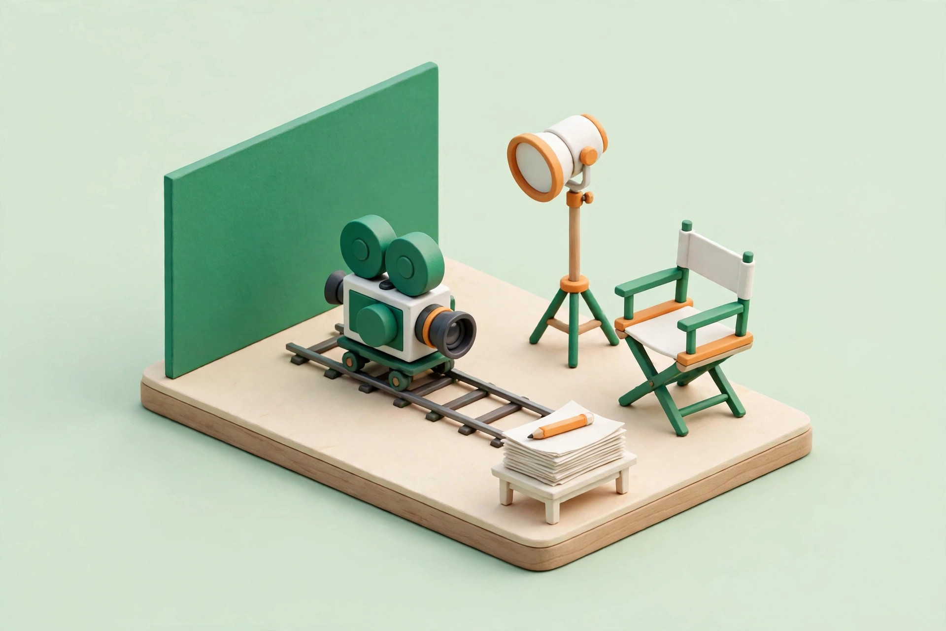 Isometric miniature film set with a single classic film camera on dolly tracks, one studio light, a director's chair, a set wall and a desk with script pages written by hand, in emerald green and white with warm orange accents.