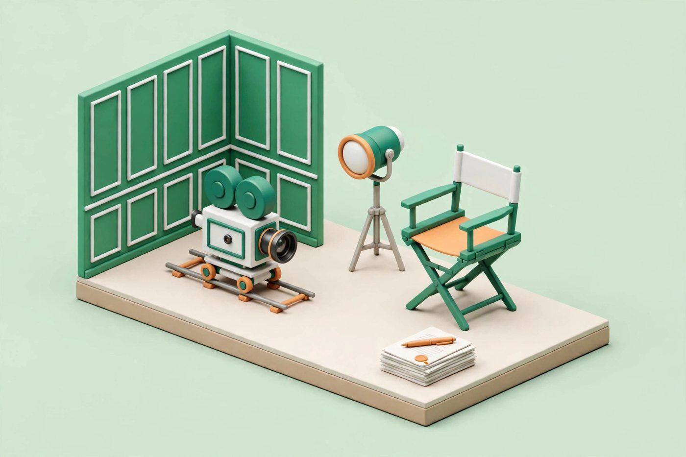 Isometric film set diorama with a classic film camera on dolly tracks, a set wall, one studio light, a director's chair, and a stack of script pages with a signed contract page and a pen on top, in emerald green and white on a pale mint green background