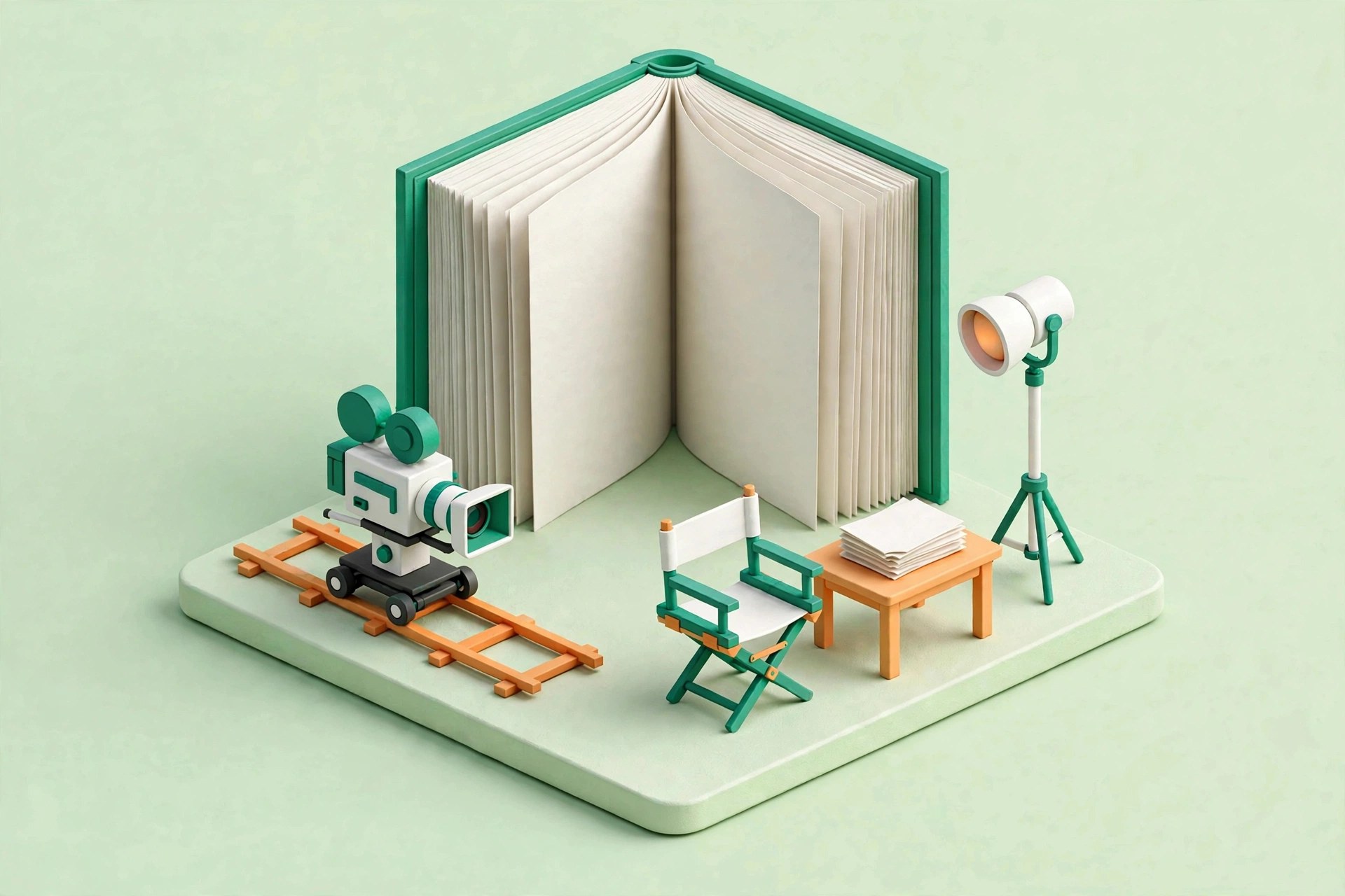 A miniature film set in front of a large open book with many full pages: a camera on dolly tracks, one studio light, a director's chair, and script pages on a table, in emerald green and white.