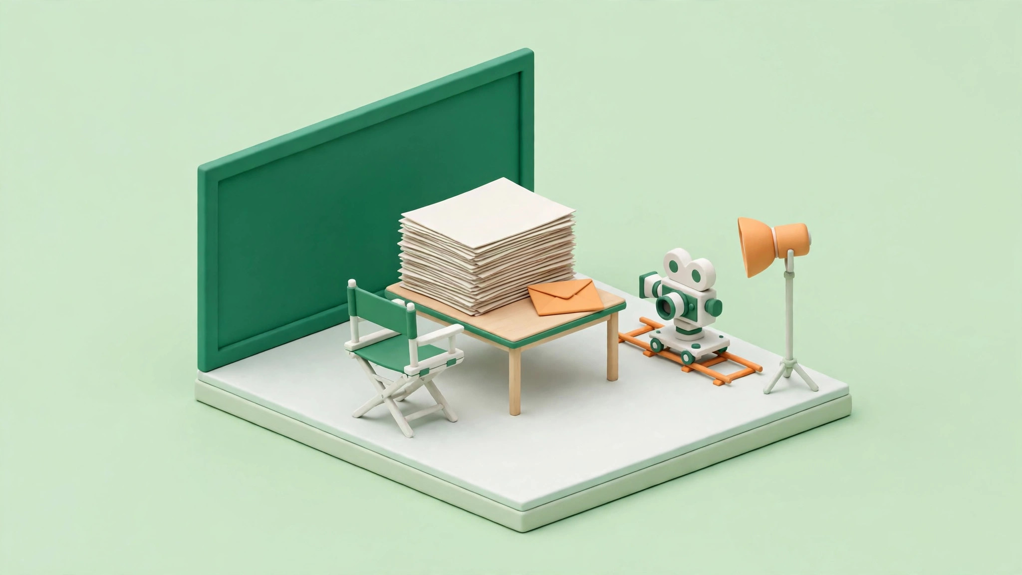 A miniature film set with a thick stack of screenplay pages and an envelope ready to send on a table, a camera on dolly tracks, one studio light, a director's chair and a set wall, in emerald green and white.