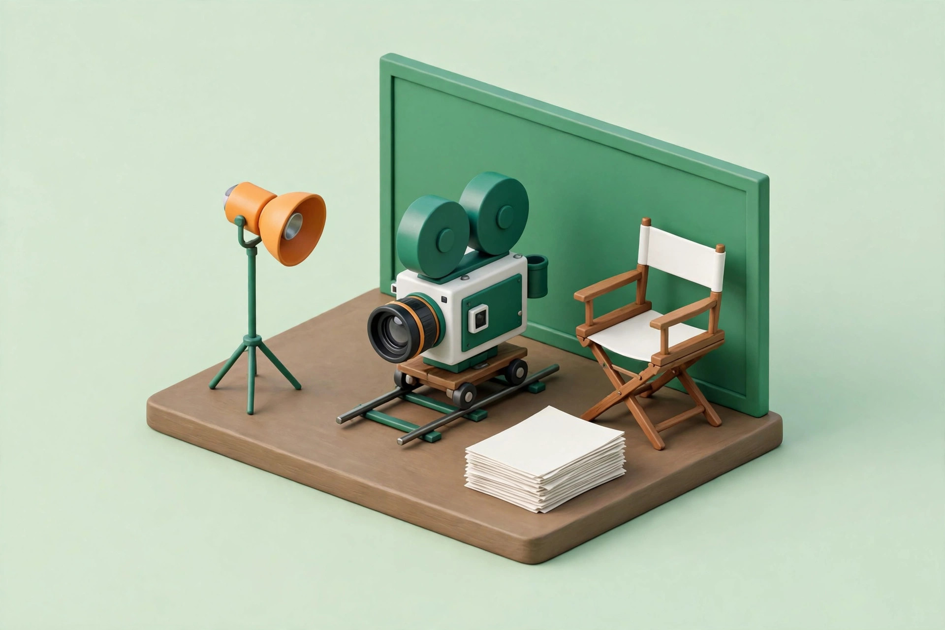 Isometric film set diorama with a stack of screenplay pages, a classic film camera on dolly tracks, a studio light, a director's chair and a set wall