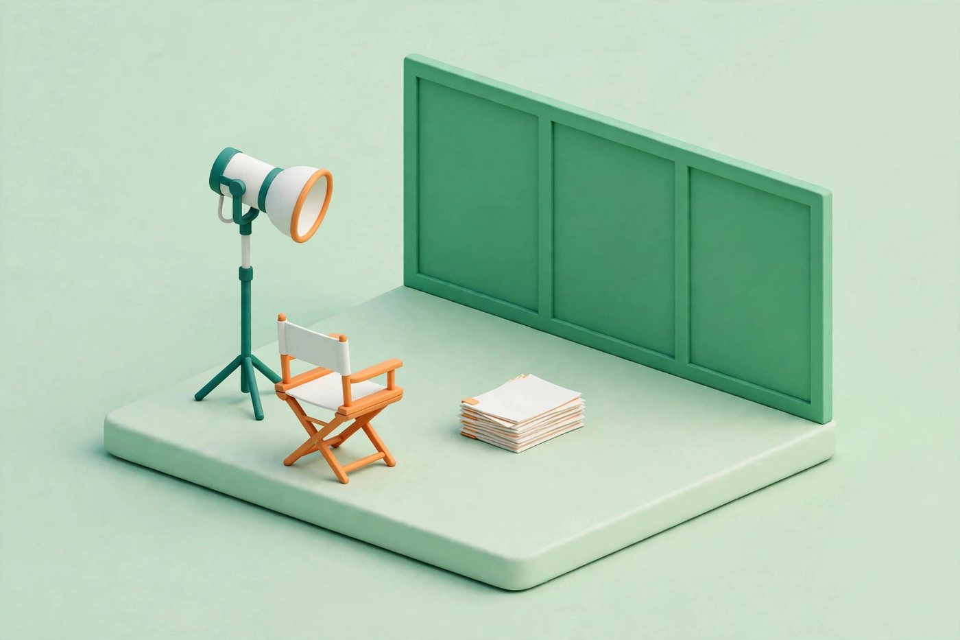 Isometric film set diorama with a set wall, one studio light, a director's chair, and a stack of script pages in the center of the platform, in emerald green and white on a pale mint green background