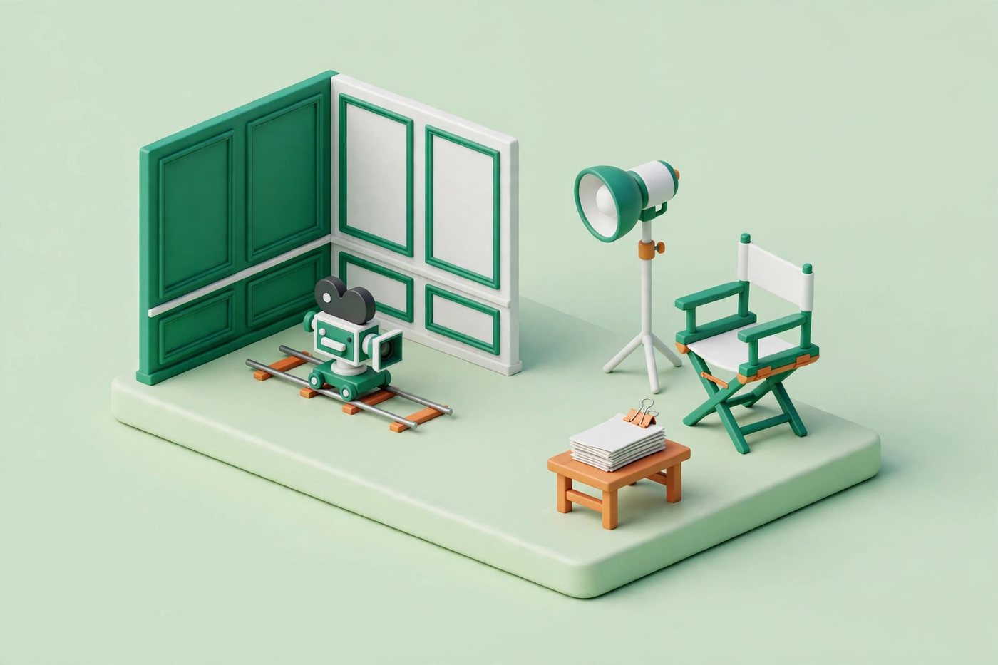 A calm miniature film set in emerald green and white: a camera on dolly tracks faces a small set wall, with one studio light, a director's chair, and a stack of script pages on a table.