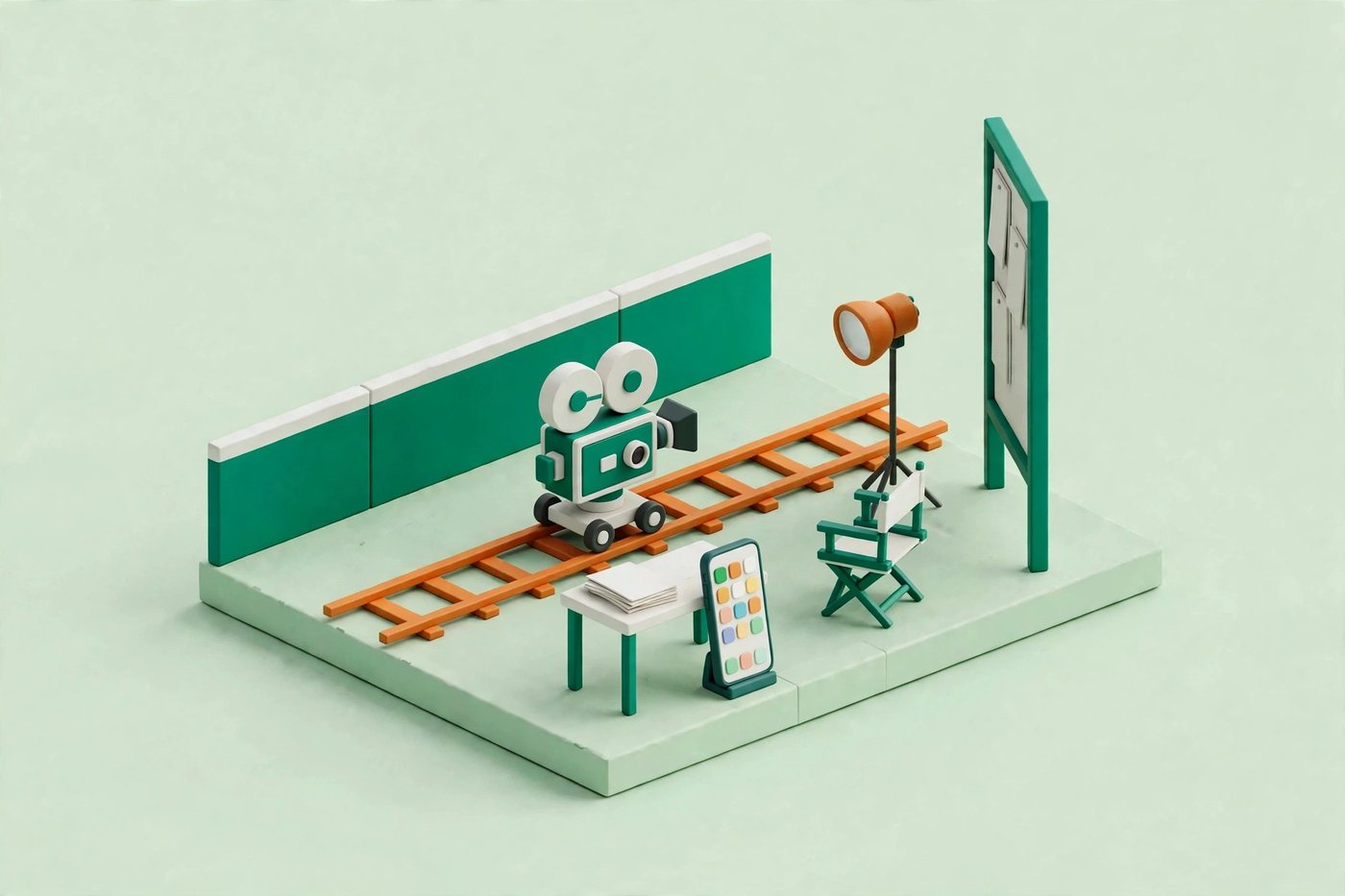 A miniature film set for a vertical micro drama: a classic film camera on dolly tracks, a set wall, one studio light, a director's chair, a desk with script pages, a tall vertical script board, and a smartphone standing upright with colorful app icons on its screen, in emerald green and white.