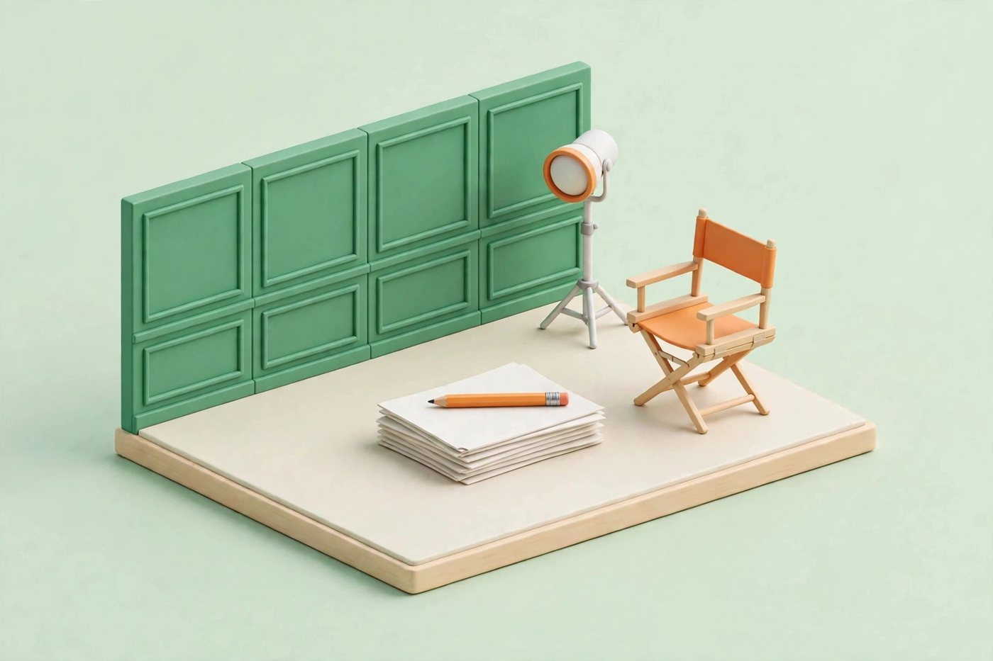 Isometric film set diorama in emerald green and white on a pale mint background: a set wall, one studio light, an empty director's chair turned slightly away, and a stack of script pages with a pencil resting on top in the center of the platform