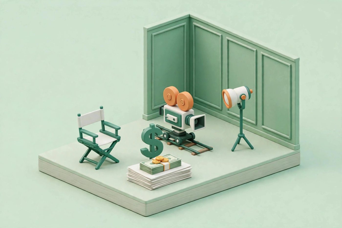 Isometric film set diorama with a classic film camera on dolly tracks, a set wall, one studio light, a director's chair, a stack of script pages topped with banknotes and gold coins, and a large emerald dollar sign, in emerald green and white on a pale mint green background