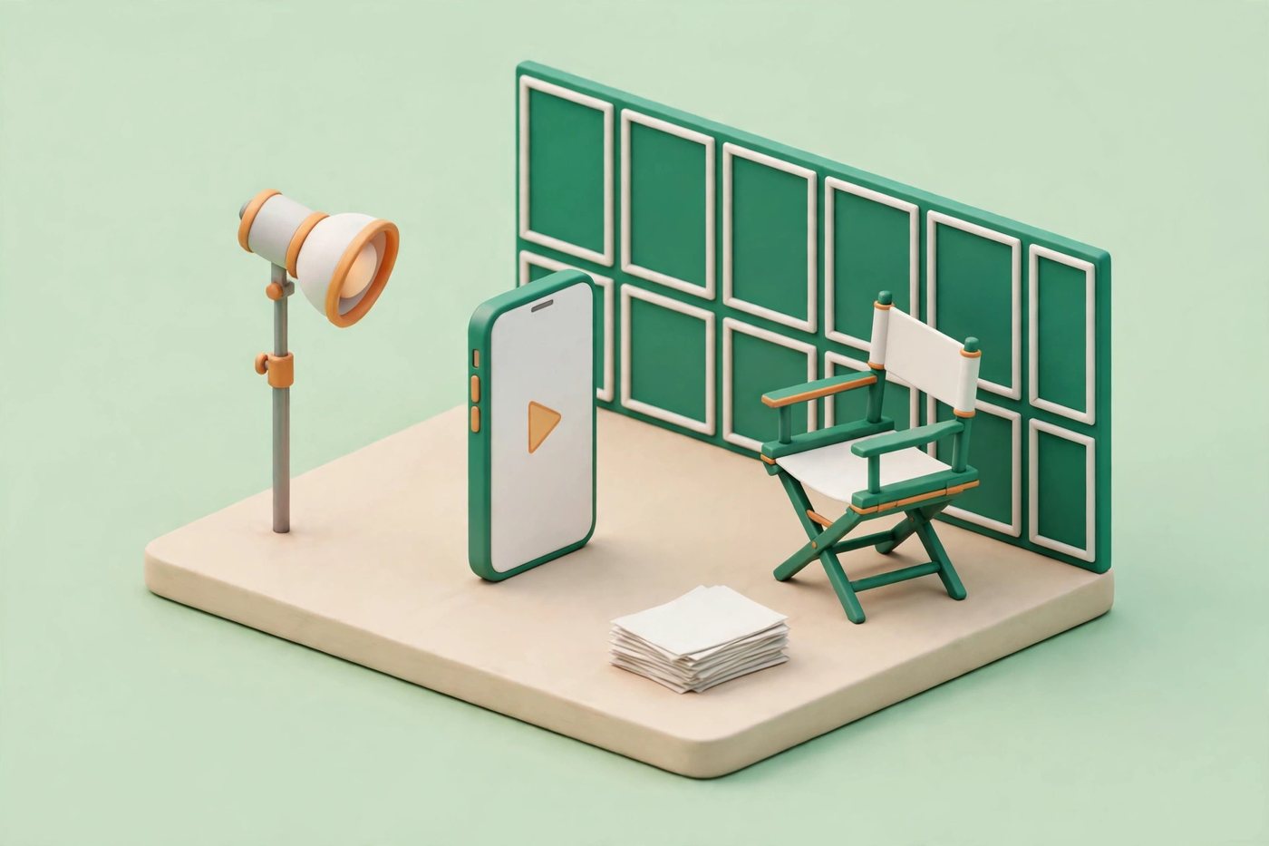 Isometric film set diorama in emerald green and white on a pale mint background: a set wall, one studio light, a director's chair, a stack of script pages, and an upright smartphone with a play symbol on its screen standing in the center of the platform