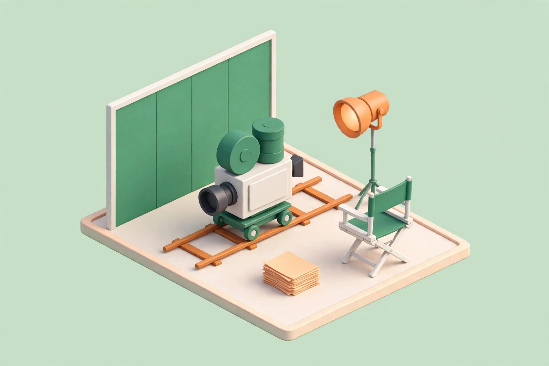 A miniature film set diorama: a classic film camera on dolly tracks facing a green set wall, one warm orange studio light, a director's chair, and a neat stack of script pages, in emerald green and white on a pale mint green background.